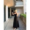 Kumikumi Pure Desire Style Black Patchwork Sling Dress Women Summer French Style Temperament Waist Hugging Large Swing Skirt Long Dress