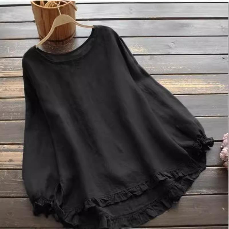 Women S Loose Fit Long Sleeve Round Neck Shirt With Ruffled Cuffs And Hem