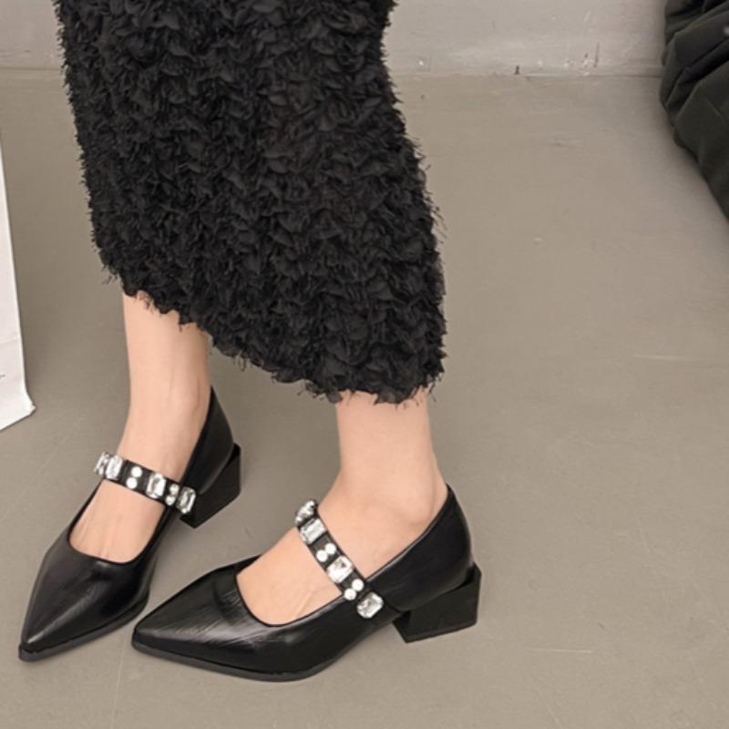 Fashion Square Heels Single Shoes Summer New Pointed Head Shallow Mouth Crystal Buckle Line with Anti-slip Wear-resistant Heel Shoes