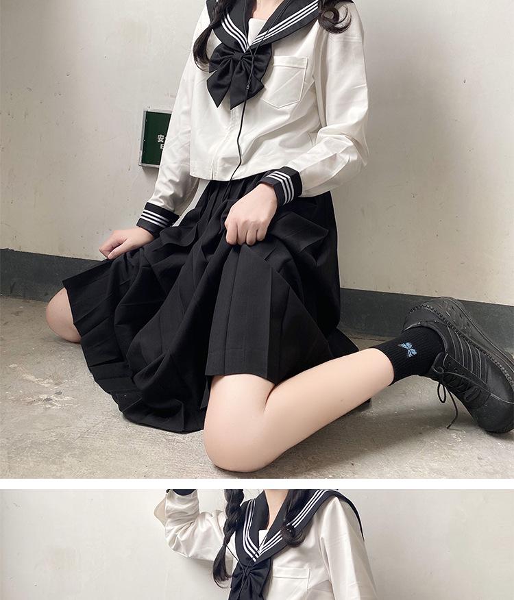 JK Sailor Suit: Black-Collared Off-White Pleated Skirt Set - Three-Piece Basic Style for Spring/Summer