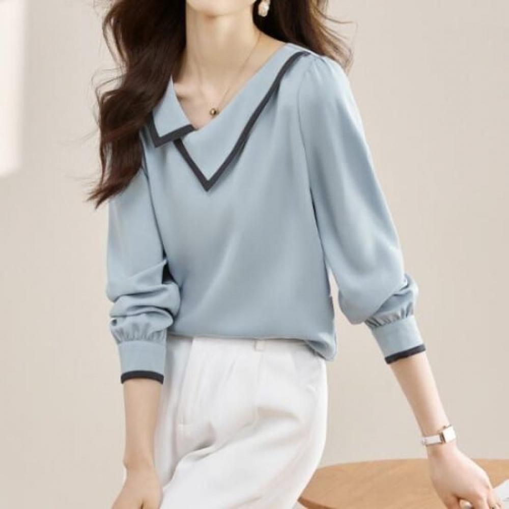 NaVaVa Color Block Point V Neck Collar Long sleeVe Blouse Nb2861