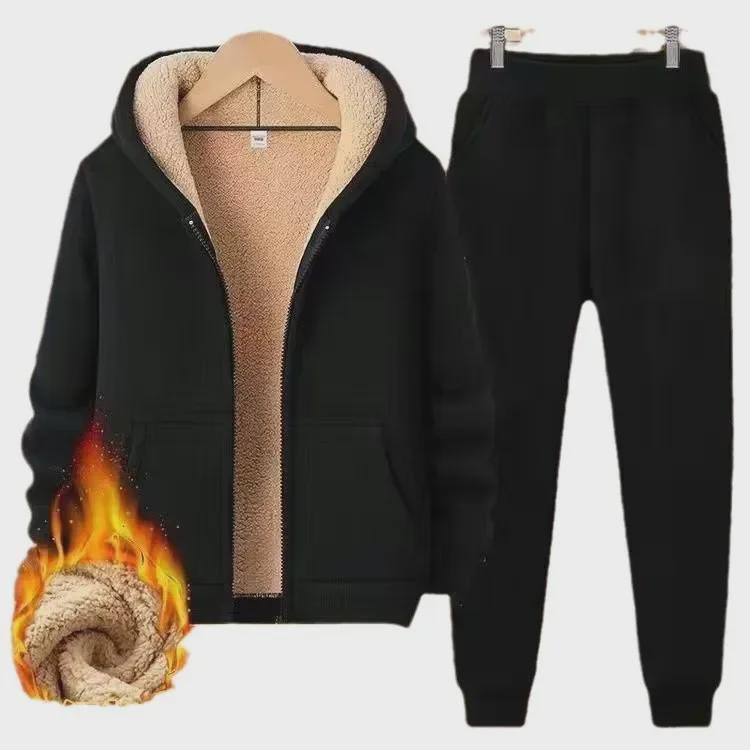 Men's Lambskin Casual Sports Suit - Autumn/Winter, Loose Fit, Plus Size, Velvet-Thickened, Hooded Sweater Set