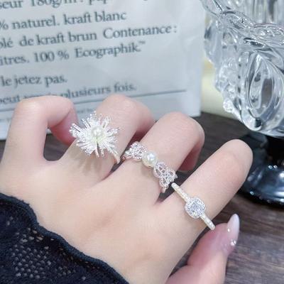 Fireworks Bright Trend Bead Inlaid Personality Ring Women'S Light Luxury Temperament Small Sugar Cube Cold Wind Index Finger Ring