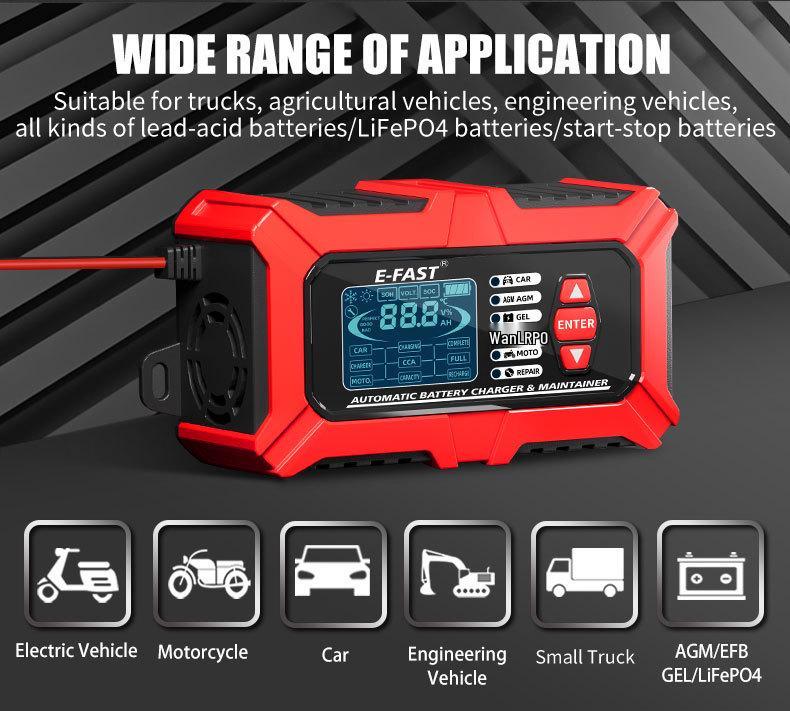 E-FAST 12V Battery Tester & Analyzer for Car/Motorcycle - Lead-Acid & Lithium-Iron Fast Charger