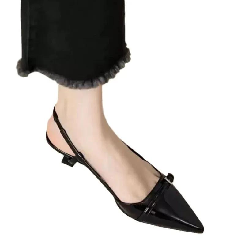 Fashion Summer Women's Dress Shoes Patent Leather Slip On Pointed Toe Sandals Buckle Slingbacks Mid Heels Pumps Sandalias Mujer2025