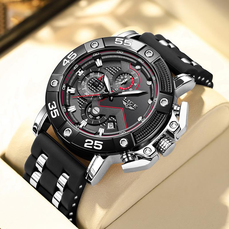 LIGE Big Dial Watch Men Fashion Business Watch Men Military Silicone Sports Waterproof Quartz Chronograph Relogios Masculino+Box