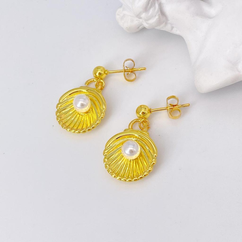 Elegant Stainless Steel Pearl Earrings - European & American Style, Titanium French Dangle, Luxurious Light Studs