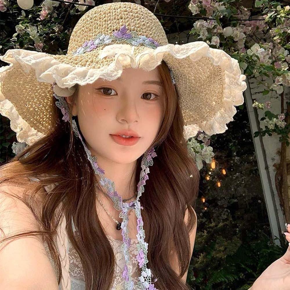 Breathable Big Brimmed Straw Hat Lightweight Woven Sun Cap Elegant Vacation Beach Cap  Carnival