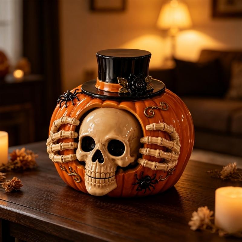 Halloween Skull Pumpkin Treat Candy Storage Jar Resin Candy Container for Candy Storage, Dessert Table Use, Shelf Display, Entry Table Placement