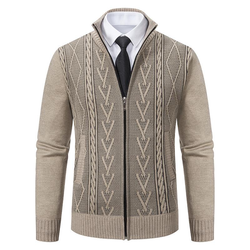 New Men's Autumn Winter Cardigan Stand Collar Slim Fit Sweater Jacquard Coat Thickened Warm Trendy Casual Versatile Knitwear