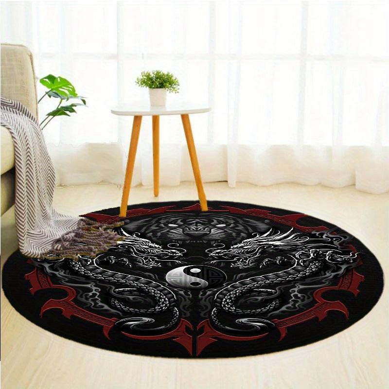 [Crystal Velvet] 1pc Yin Yang Black Dragon Tiger Round Rug,Non-Slip Area Rug,Office Chair Mat,Carpet for Living Room,Bedroom,Home Decor