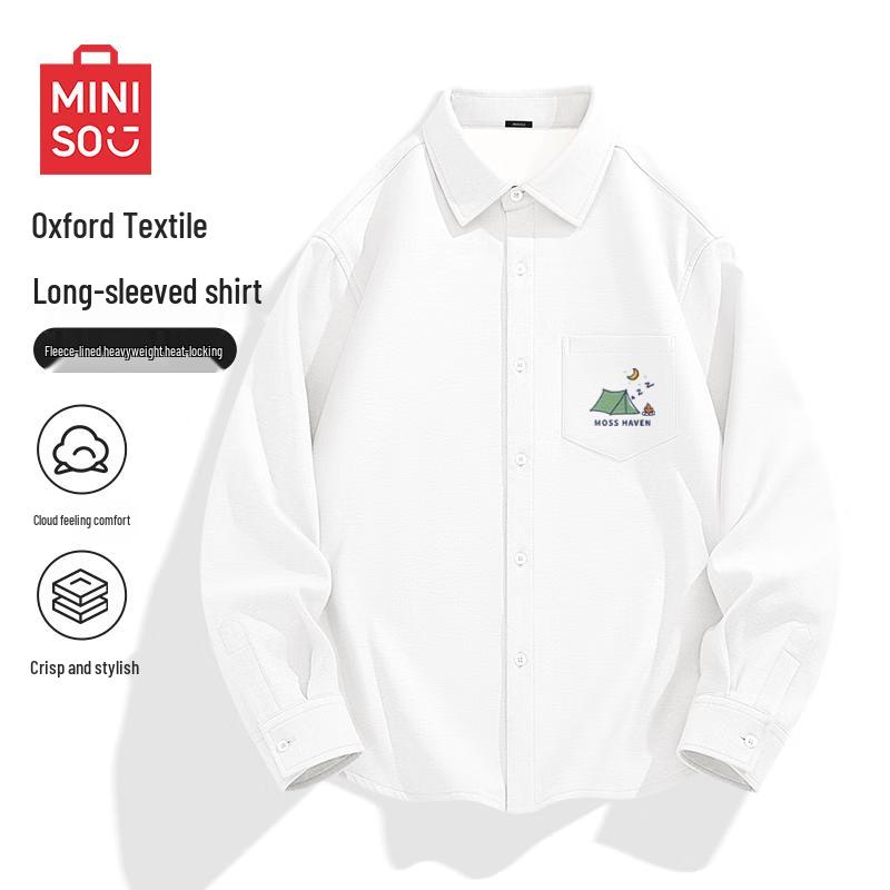 MINISO Men s Autumn/Winter Fleece-Lined Oxford Long-Sleeve Collared Shirt 2XL