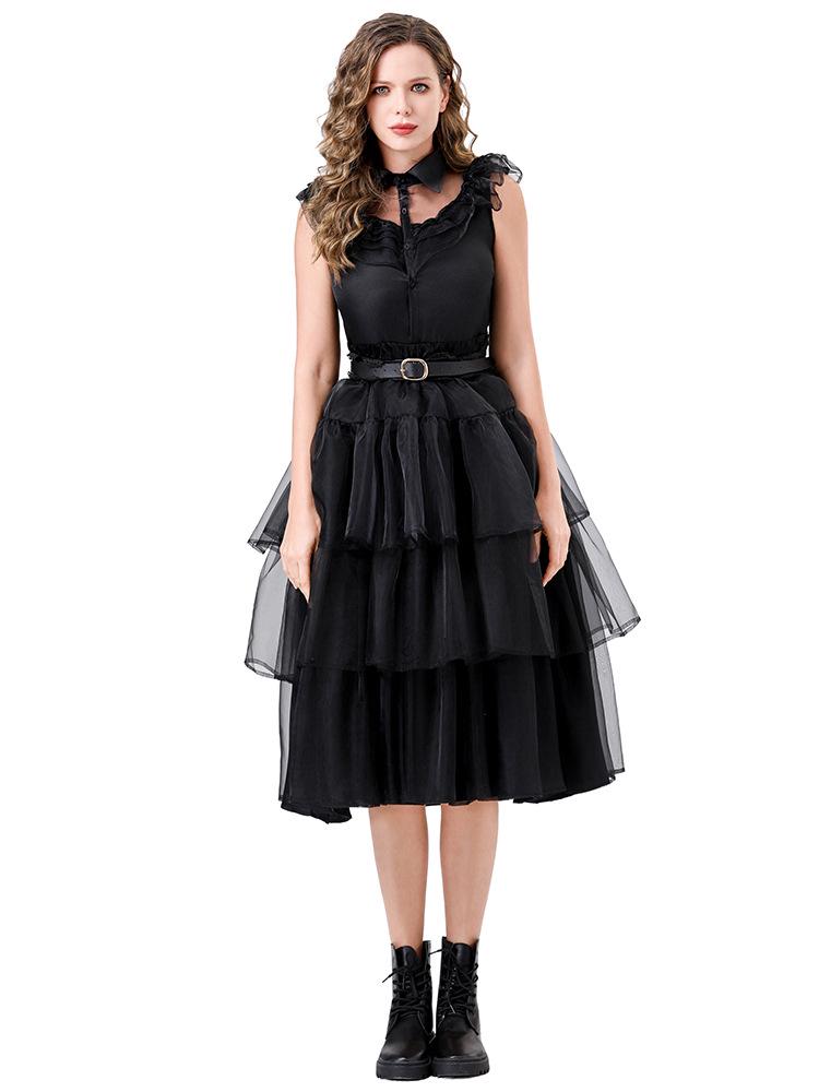 Adult Women's Wednesday Addams Cosplay Prom Dress - Black Halloween Costume