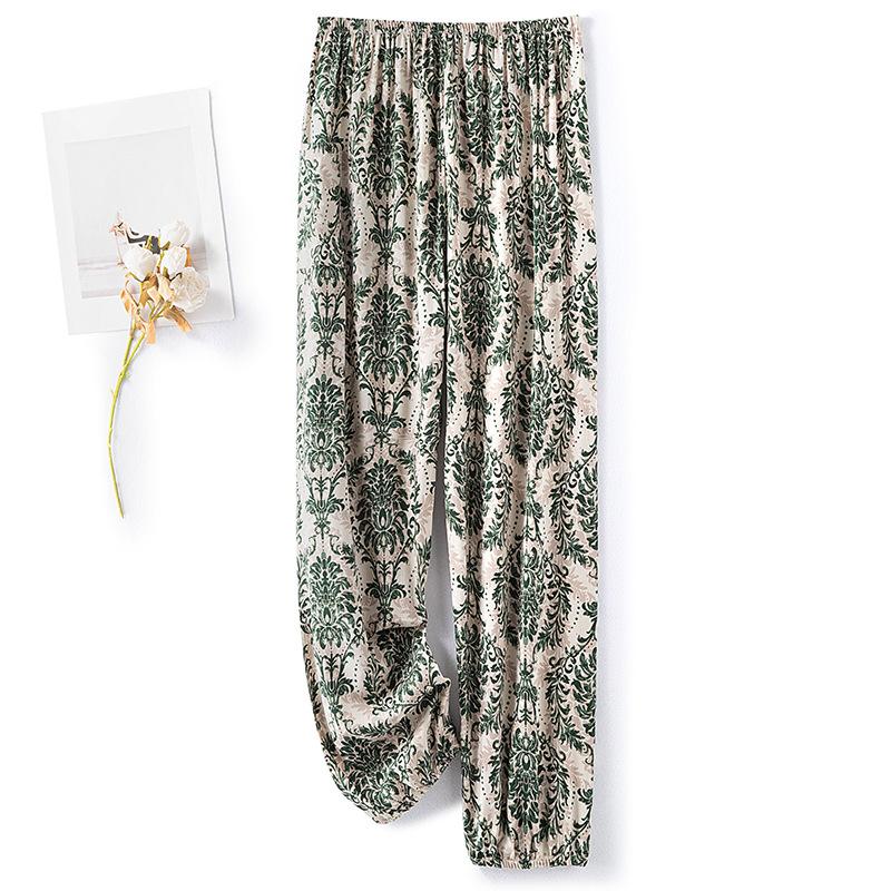 Pantaloni de pijama din bumbac mătase pentru femei, secțiune subțire de vară, anti-țânțari, pantaloni cu picior lat, culoare uni, pentru exterior, casă, petrecere a timpului liber, imprimeu, pantaloni de plajă până la genunchi