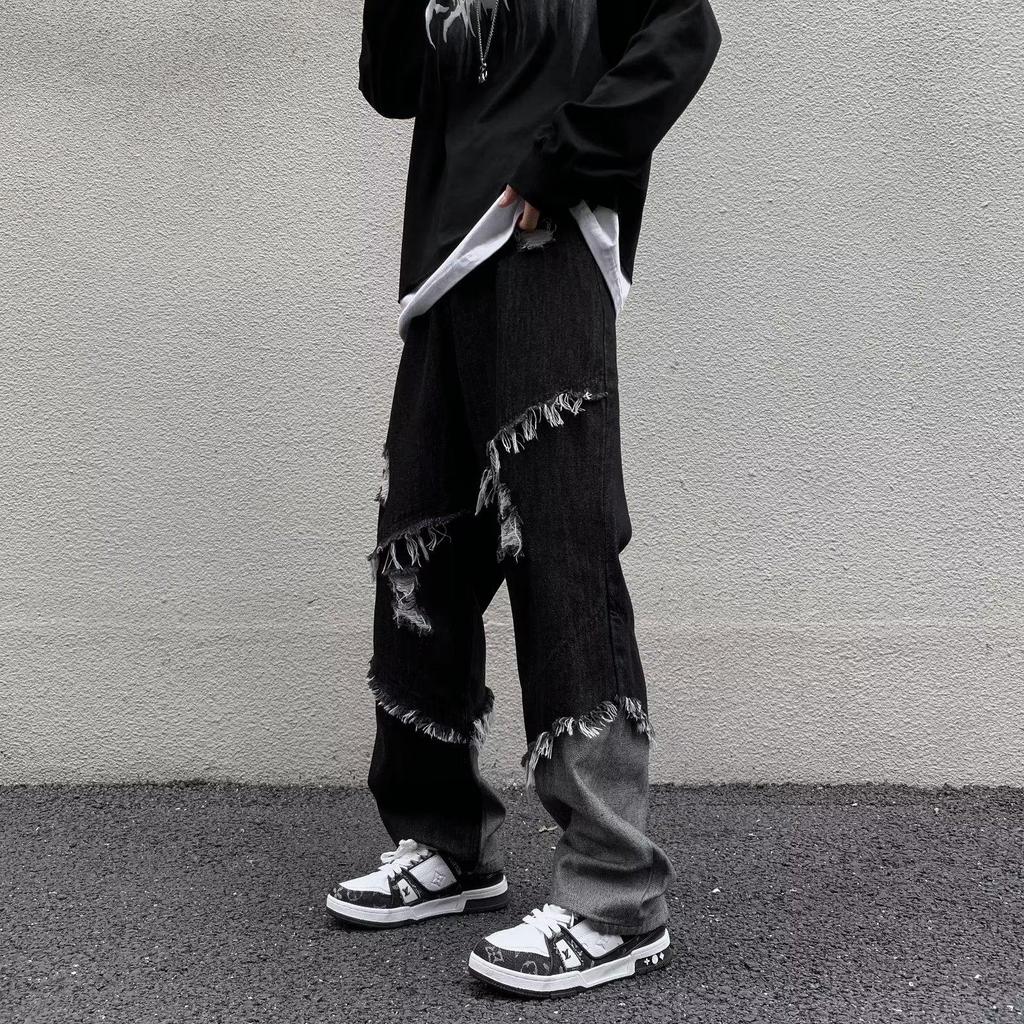 Men's European-Style Black Tassel Jeans - Trendy, Skinny Fit, Elastic, Raw Edge, Korean Fashion.