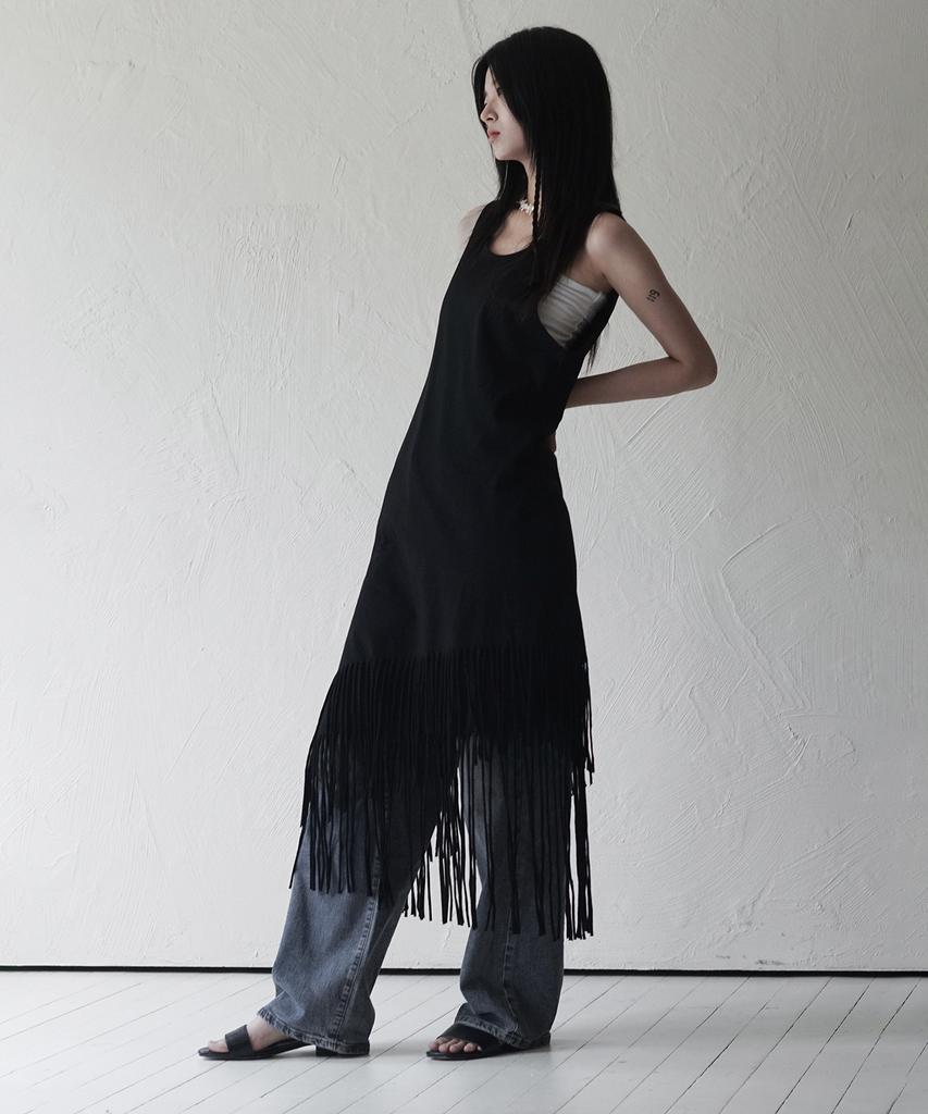 RUBATI Layered Fringe Jersey Dress_Black