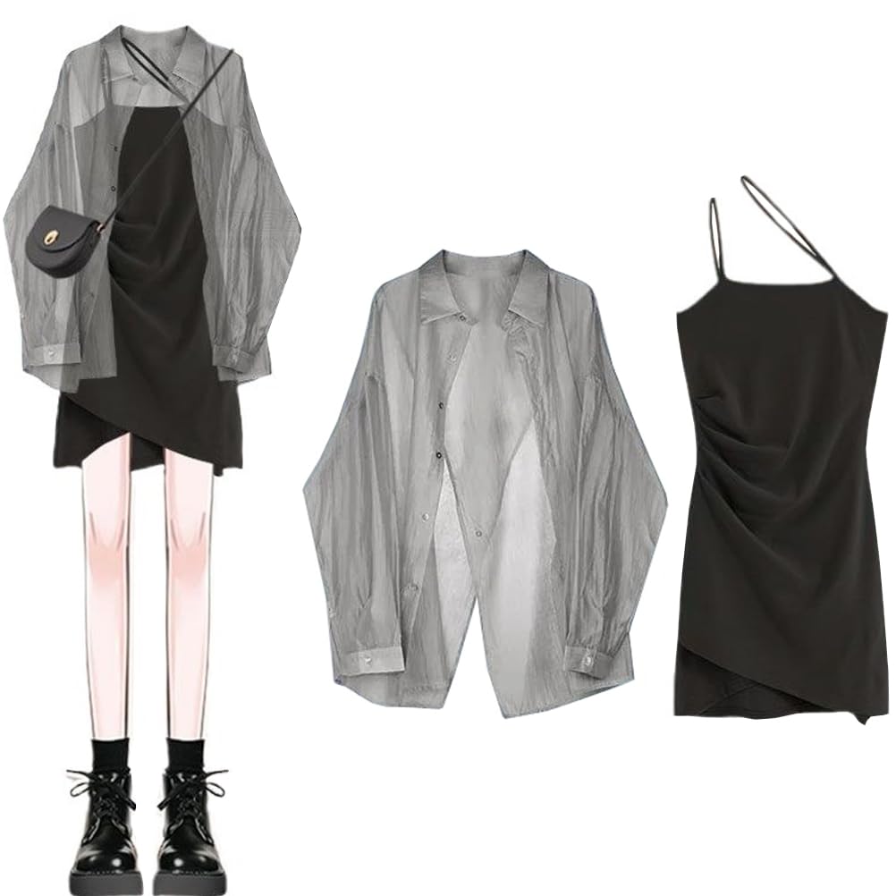 

JINZUOMA Dress and Shirt Camisole Dress and Short Casual Elegant and Comfortable for Commuting to Work or School Women s 2-Piece Set, Cardigan, Dress, чёрный