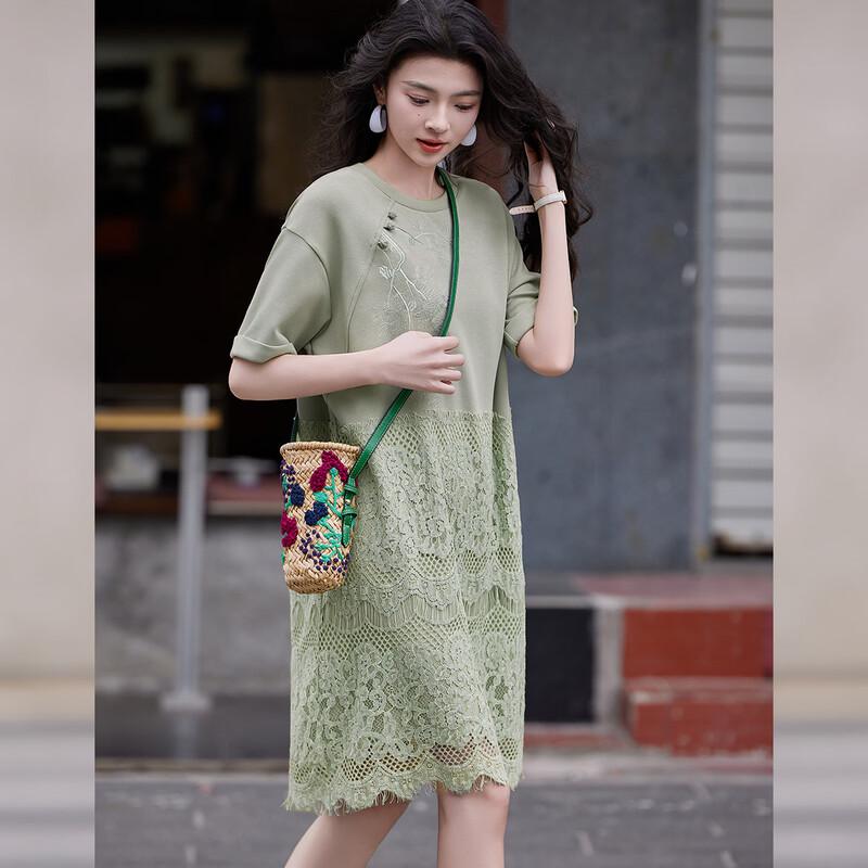 Bailuyu Chinese Style Round Neck Lace Patchwork A-Line Dress M