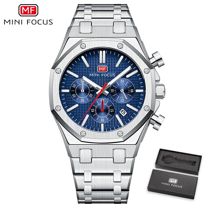 MINI FOCUS Business Quartz Watch for Men Multifunctional Dial Calendar Stainless Steel Strap Waterproof Sport Mens Watches 0609G
