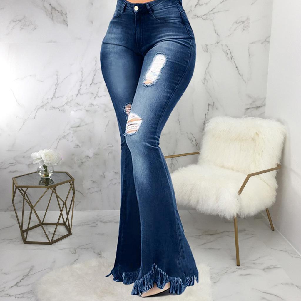 Sexy and Versatile Fashion Slim Fit Ripped Denim Flared Pants for European and American Ladies