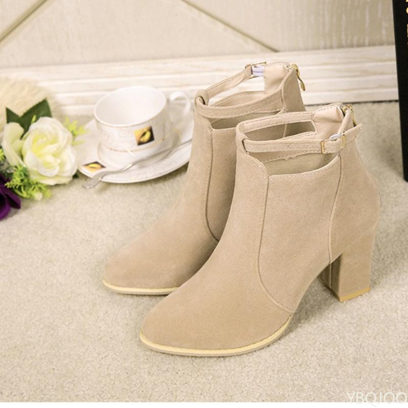 Fashion Woman Suede High Heel Ankle Boots Style Fashion Thick Heel Pointed Back Zipper Boots Women Square Heeled Short Booties