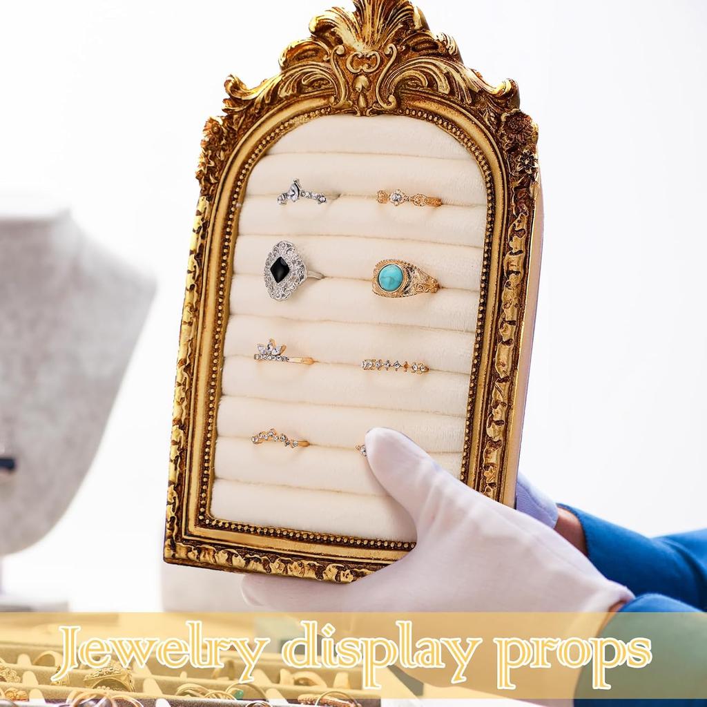 1PC Vintage Ring Holder Arched Gold Ring Wedding Display Suede Jewelry Box Holder Photo Frame Earrings Tray Anniversary Engagement Baroque Storage