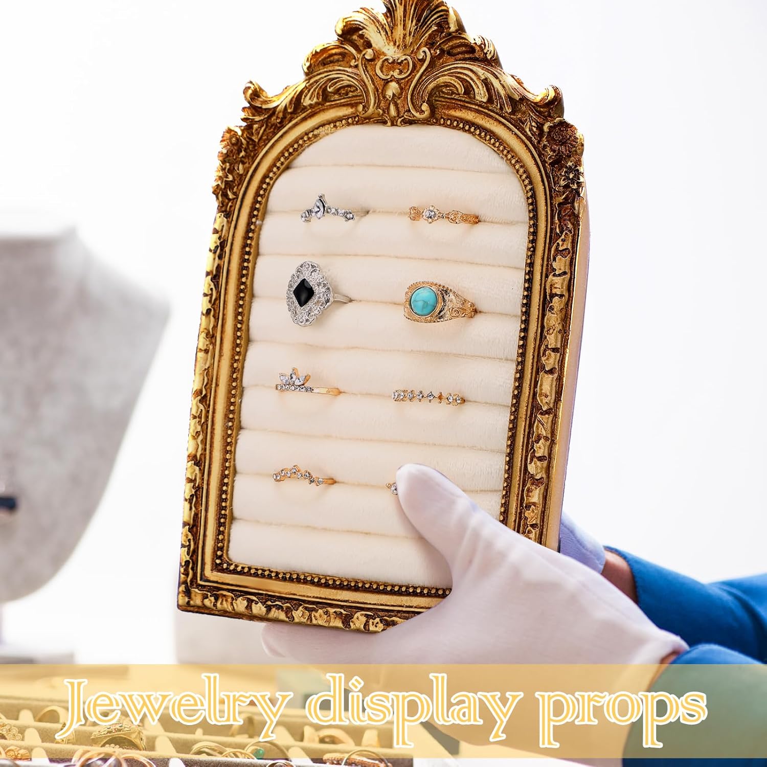 

1PC Vintage Ring Holder Arched Gold Ring Wedding Display Suede Jewelry Box Holder Photo Frame Earrings Tray Anniversary Engagement Baroque Storage