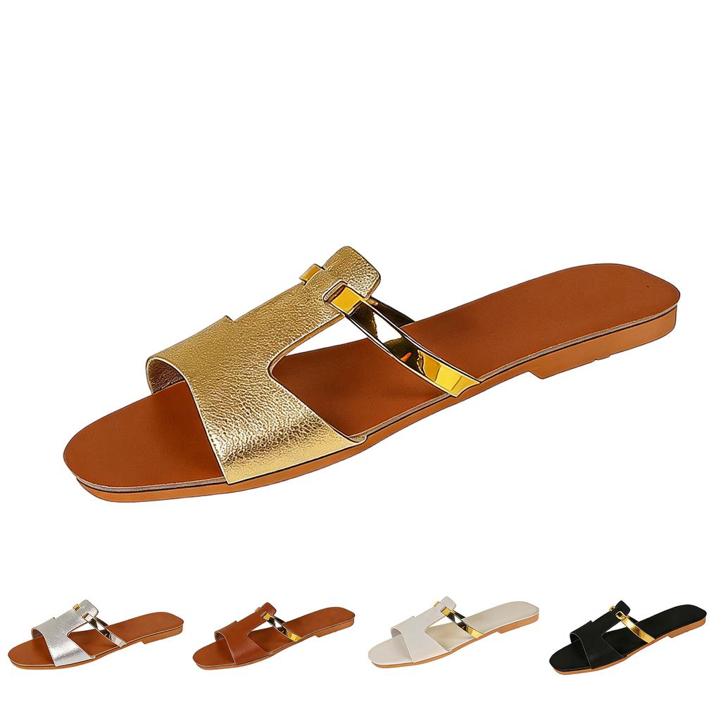 Women's shiny H-shaped buckle light luxury casual slippers