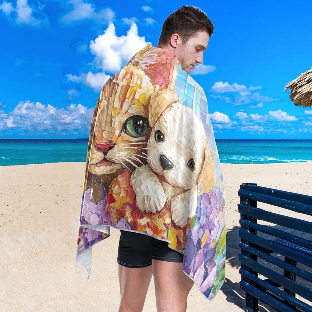 Cat and Dog Beach Towel, Cute Pets Oversized Quick Dry Absorbent, Sand Free Lightweight Travel Pool Blanket Wrap Mat