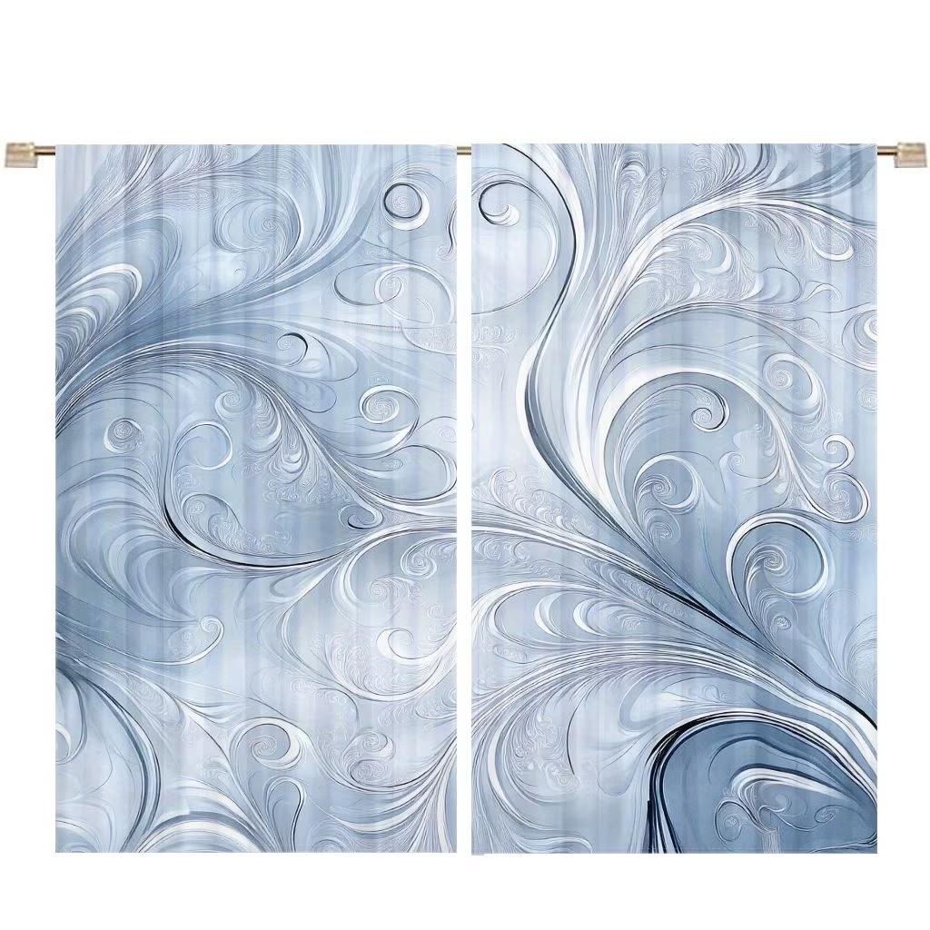 2PCS Digital Printed Curtains, Ocean Blue Wave Swirl Nautical Coastal, Rod Pocket Window Drapes for Living Room Bedroom Decor