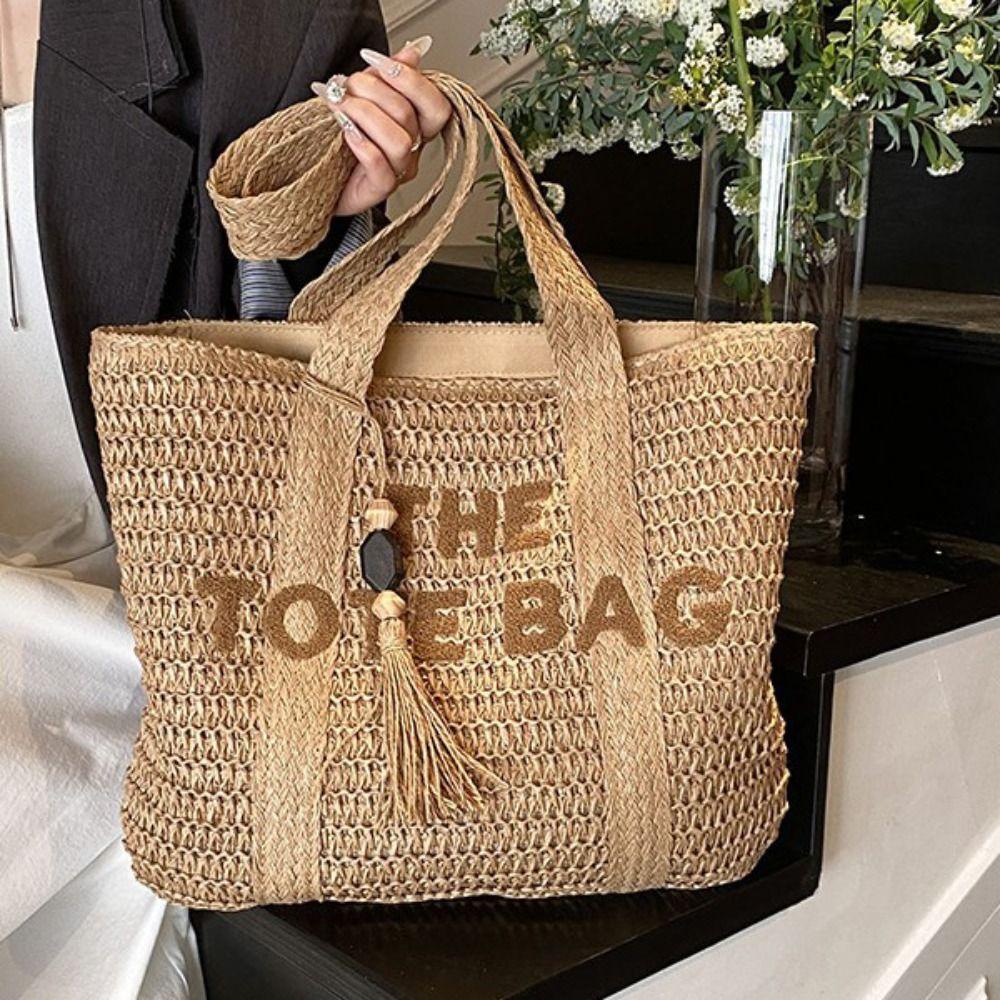 Bohemian Weave Tote Bag Hollow Out Summer Beach Bag Simple Straw Shoulder Bag  Outdoor