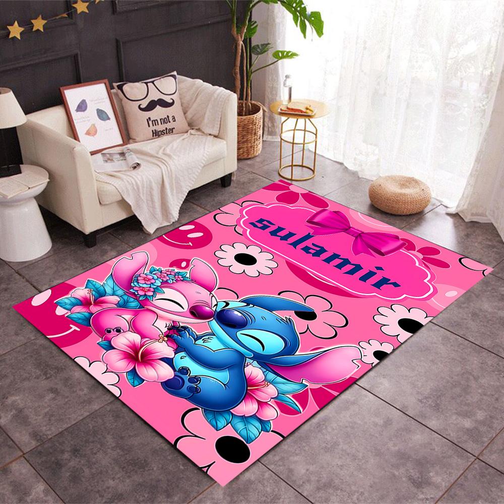 Stitch Adventure In Flowers Disney Cartoon Theme Anti-Slip Rug - Polyester, Home Decor, Suitable for Bedrooms, Living Rooms, Doorways, and Studios
