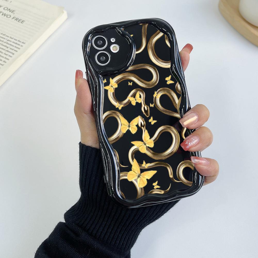 LZ5 Butterfly Černo-zlatý Hadí Průhledný Měkký Vlnitý Pouzdro na Telefon pro iPhone 15 13 Pro Max 12 Mini 14 8 Plus XS Max XR 6 Ochranný Zadní Kryt