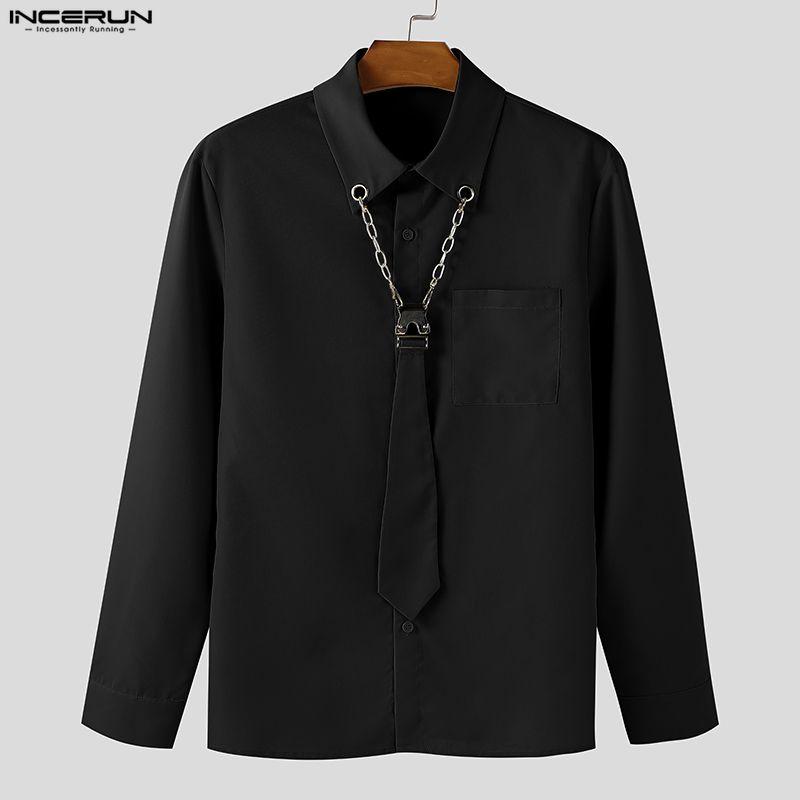 INCERUN Spring Men Tie Lapel Neck Long Sleeve Casual Loose Oversized Shirts Tops