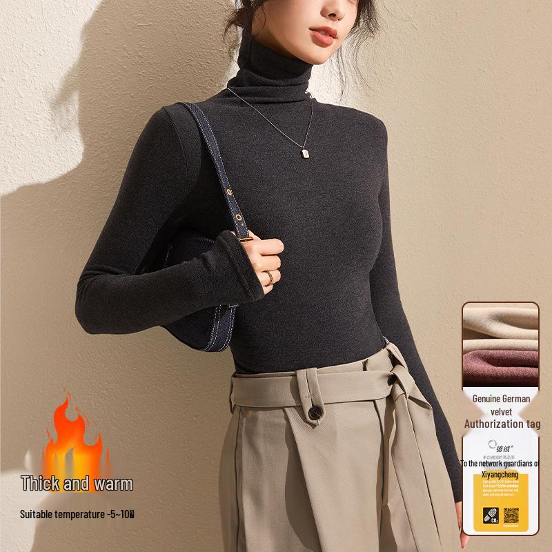 Women's Gray Winter High-Neck Base Layer Shirt - Thick, Warm, Stylish Plus Velvet Inner Wear