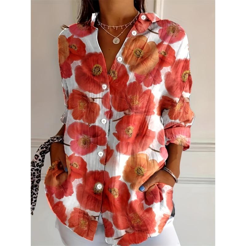 Autumn Women's Casual Long Sleeve Shirt Beautiful Flower Print Travel Lapel T Shirt Elegant Single Breasted Tops Long Shirt