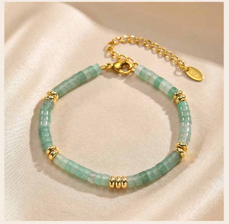 Elegant Green Aventurine Beaded Bracelet, 18K Gold PVD Stainless Steel, Waterproof Non-Tarnish Summer Jewelry