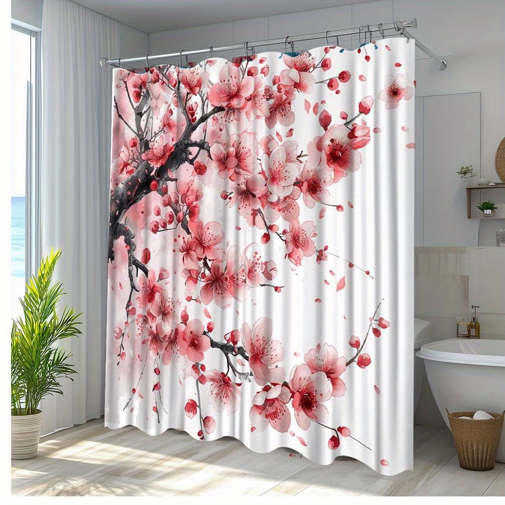 1Pc Cherry Blossom Shower Curtain With Floral Design For Bathroom Decor - Polyester Fabric, Comfortable And Vibrant Look, Includ