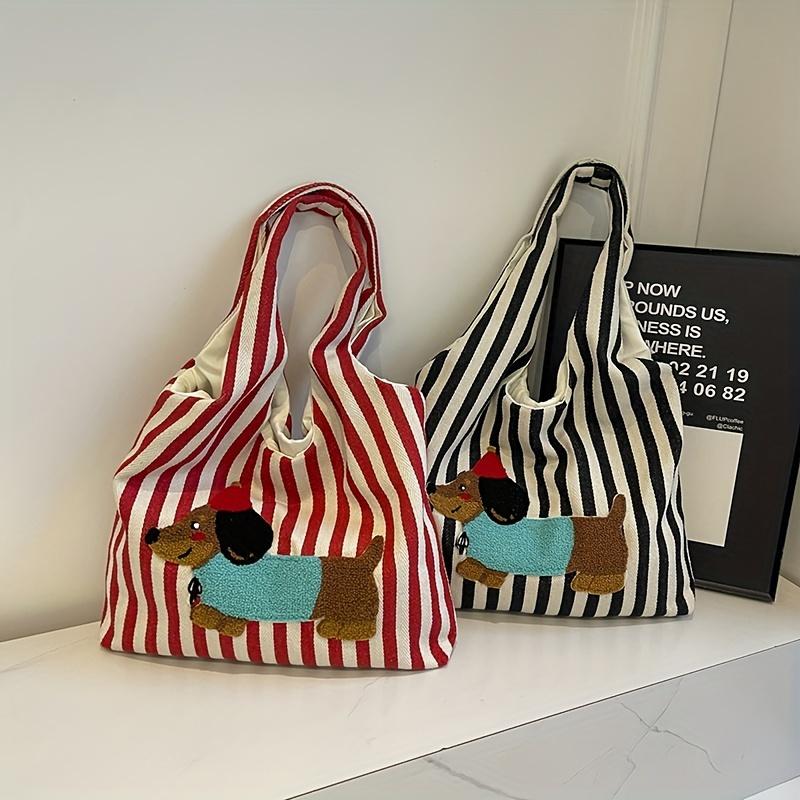 A Stylish and Casual Striped Tote Bag Featuring a Cute and Fun Dachshund Embroidery Pattern, Durable Bag Has a Nylon Lining, Suitable for Charming