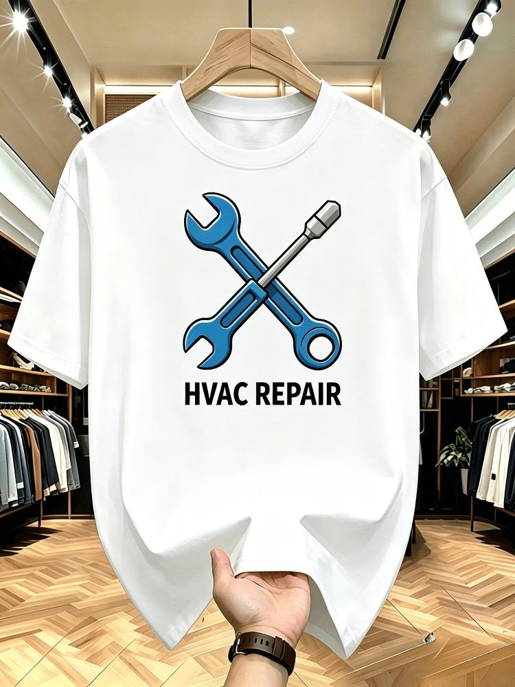 Unisex O Neck Tee Hvac Repair Tool Cross Pattern Print Cotton Short Sleeve Loose Summer Breathable Daily Casual Basic Wear Top