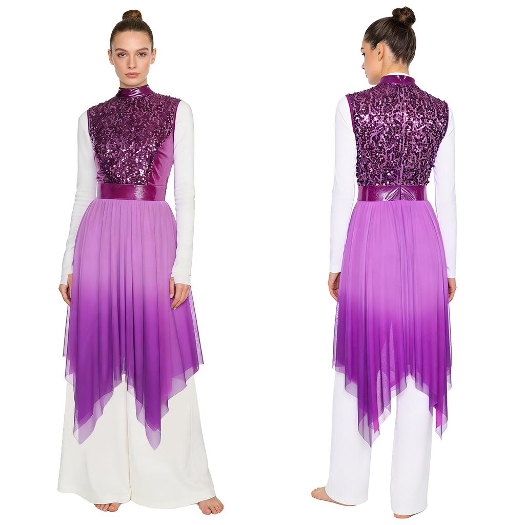 Womens Worship Praise Dance Dress Glittery Sequined Sleeveless Bodice Gradient Mesh Irregular Hem Lyrical Liturgical Dance Costume