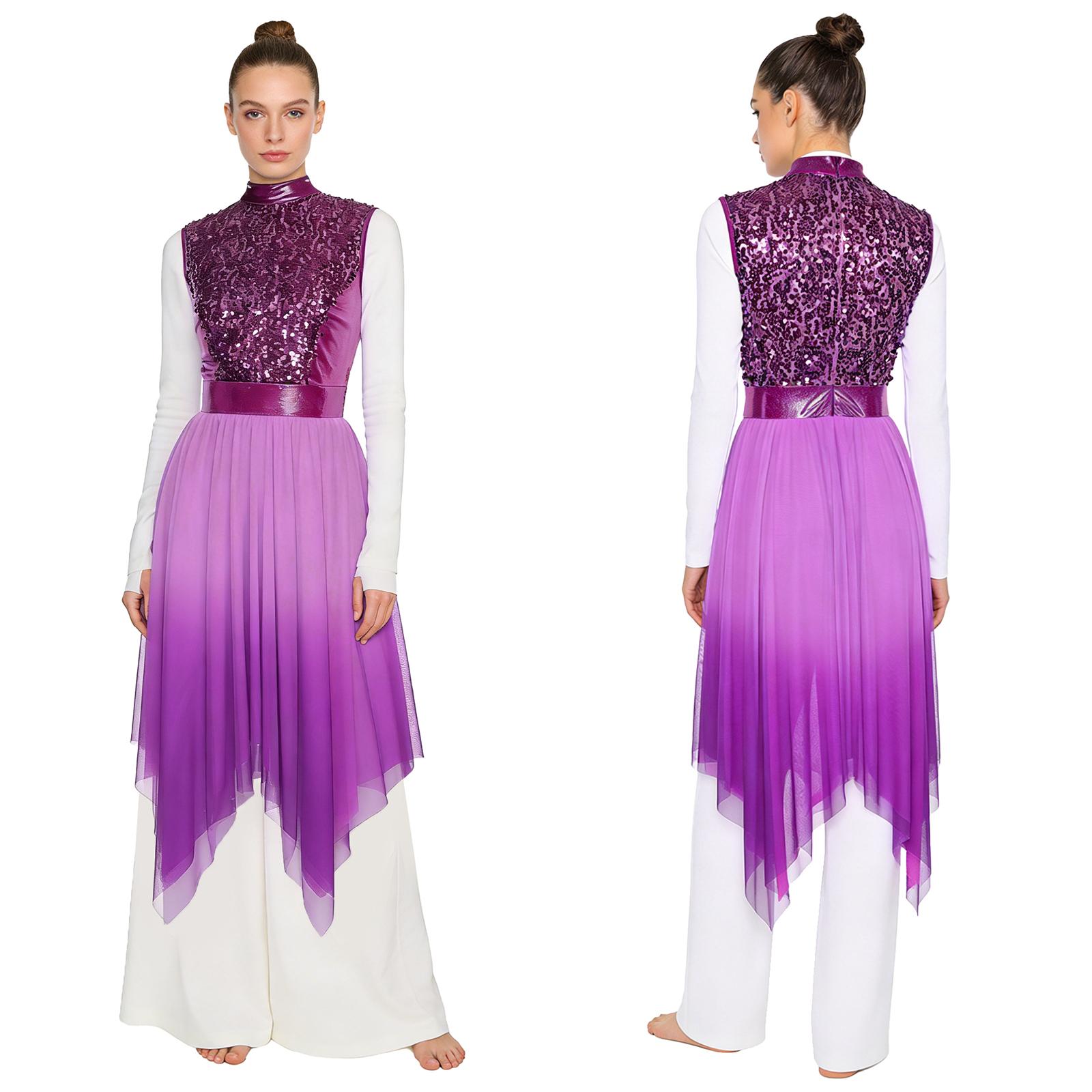 

Women s Worship Praise Dance Dress with Glittery Sequins, Gradient Mesh Sleeveless Bodice & Irregular Hem for Liturgical Performance S фіолетовий