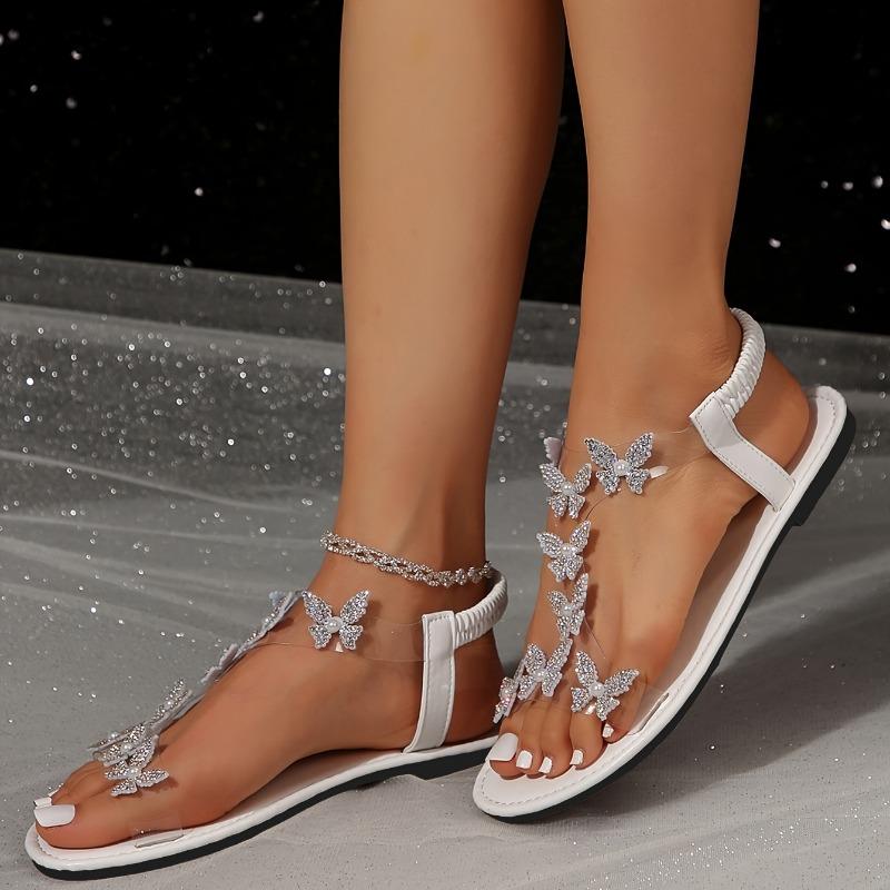 Elegant Rhinestone Butterfly Women's Sandals - Transparent Elastic Straps, Flat Comfortable PVC & Rubber Summer Beach Shoes for Outdoor Vacations
