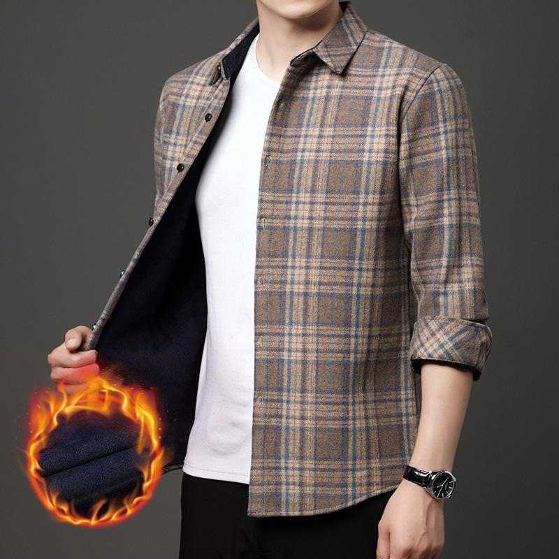 Autumn and Winter New Style Woolen Men's Velvet Shirt Middle-aged Casual Thickened Plaid Warm Shirt Casual Men's Clothing