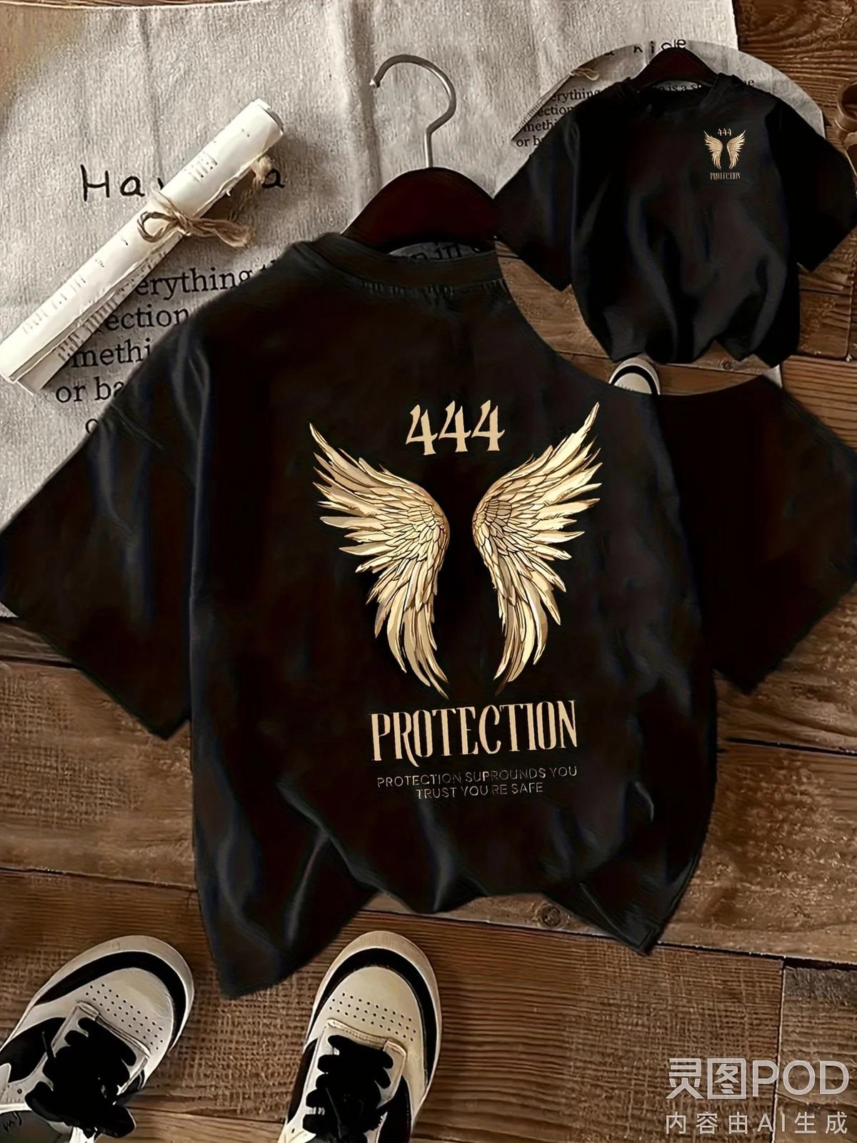 Men s & Women s Black T-Shirt with Golden Angel Wings & 444 Protection Design S