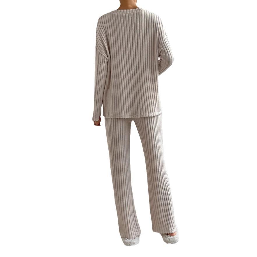2025 European/American Autumn/Winter Striped Casual Set: V-neck Long-Sleeve Top & Straight-Leg Pants.