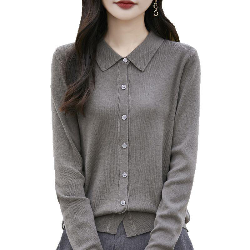 Fine Merino Wool Polo Collar Knit Cardigan - 2025 Spring Collection, Solid Color, Loose Fit, Versatile Outerwear.