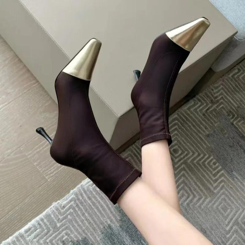 

Модные осенние женские туфли на каблуке, новые ботильоны с острым носком и тонким каблуком для женщин, эластичные сапоги, женские сапоги, туфли на высоком каблуке 40 коричневый