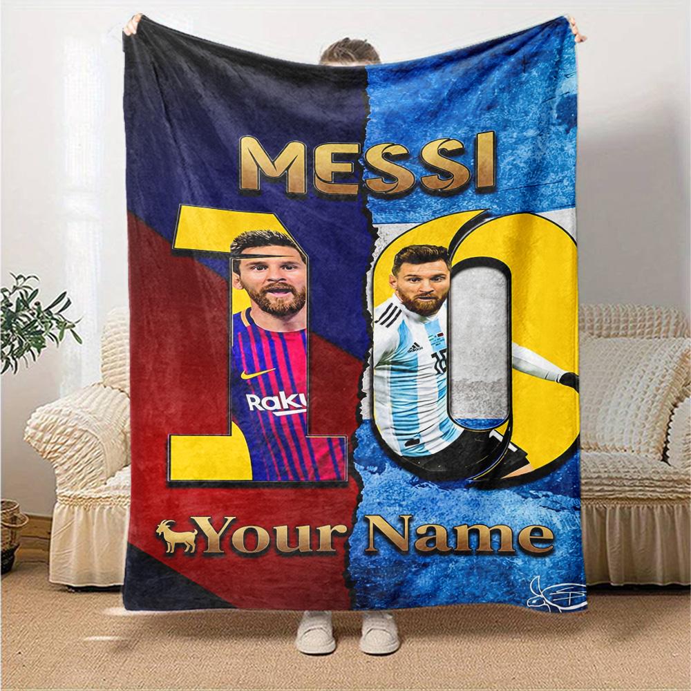 Football Messi Personalized Name Blanket Throw Customizable Blanket Ultra-Soft Perfect for Livingroom Home Decor Office Chair Couch