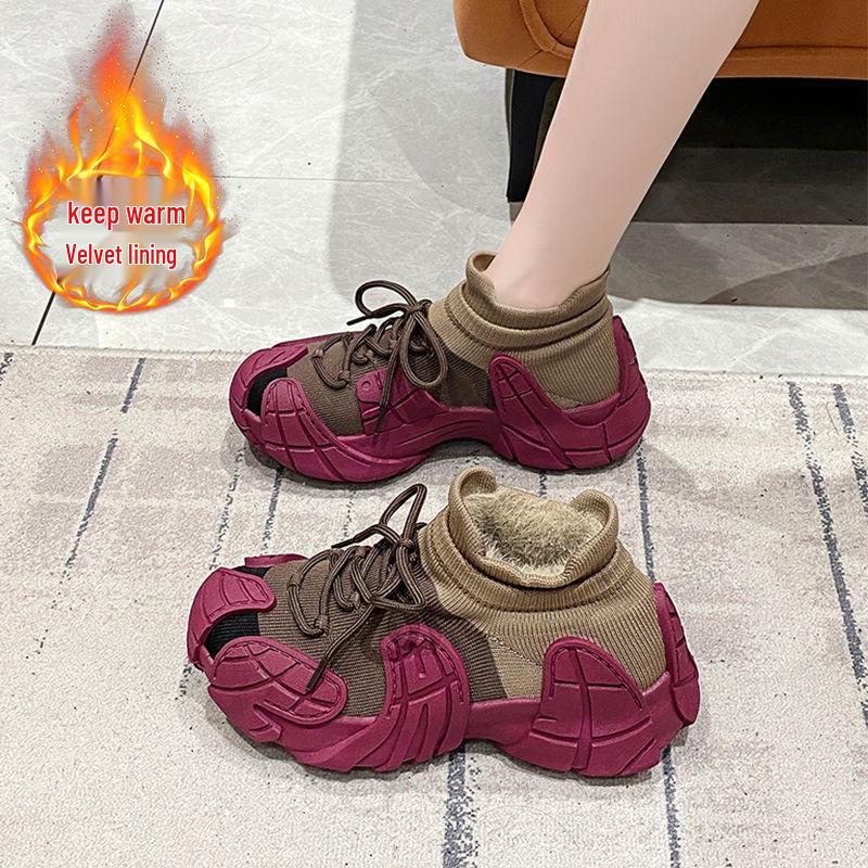 

Женские хлопковые кроссовки на толстой подошве с флисовой подкладкой, из трикотажа: Повседневная обувь носочного типа больших размеров 37